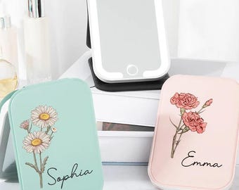 Custom Pocket Compact Makeup Mirror, Bridal Shower Gift, Bridesmaid Thank You Gift for Bestfriend, Mini Travel LED Makeup Vanity Mirror