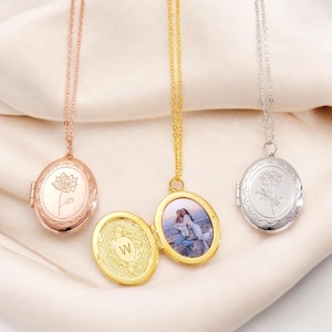 Locket Necklace with Birth Flower, Custom Engraved Bouquet Locket, Locket with Photo, Gift for Christmas, Birthday, Initial Necklace