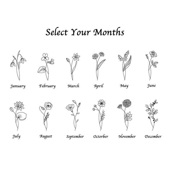 2 Names Birth Month Flowers Tattoo Art, Line Art Birth Flower Couples Tattoo Design, Personalized Tattoo Design, Custom Family Name Design