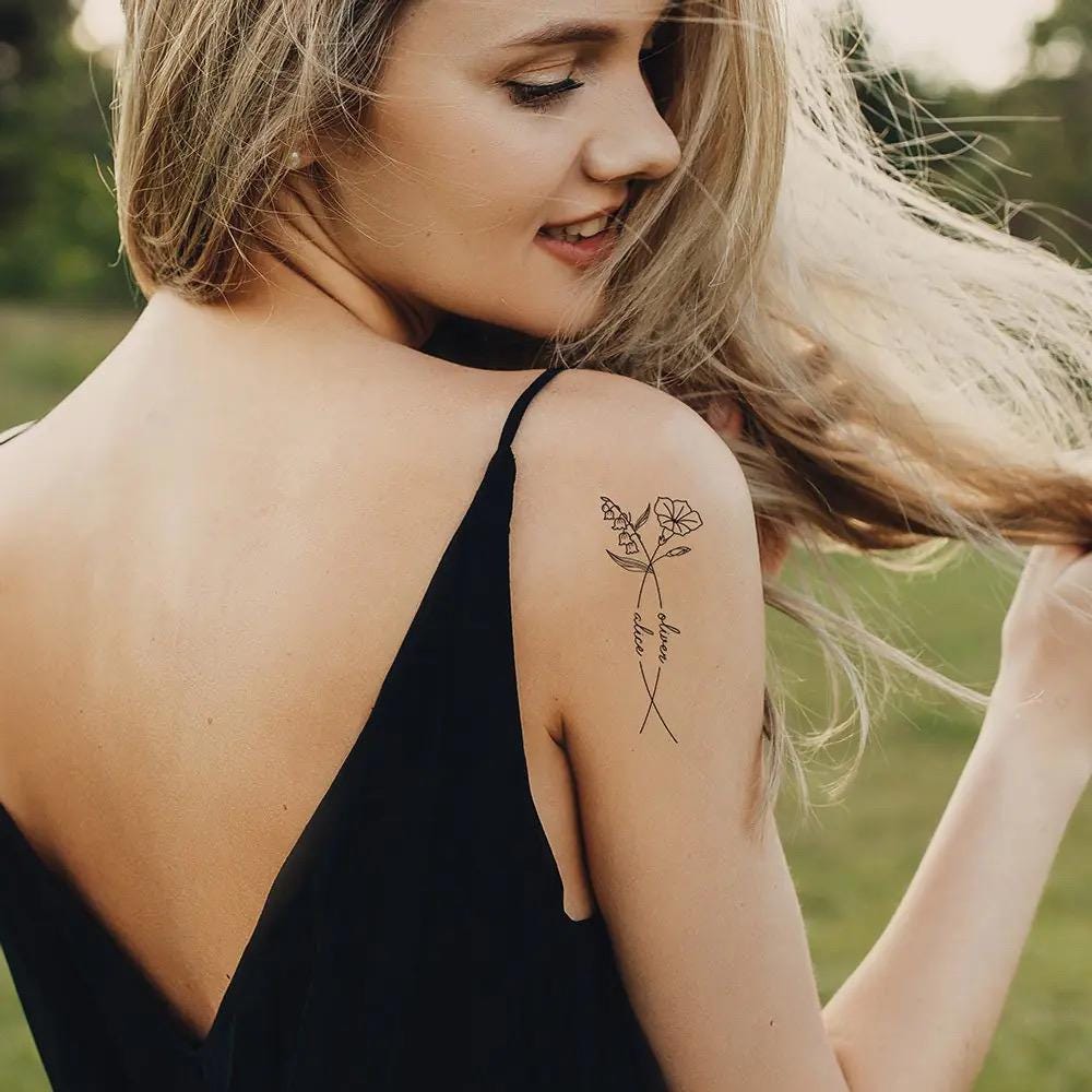 2 Names Birth Month Flowers Tattoo Art, Line Art Birth Flower Couples Tattoo Design, Personalized Tattoo Design, Custom Family Name Design