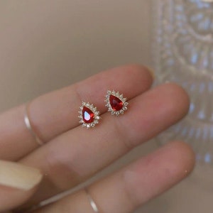 Gold Plated 925 Silver Dainty Oval Ruby CZ Stud Earrings, Sparkly CZ Simulated Ruby Earring, Sweet and Pretty Design, Wedding Gift, E163