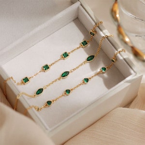 14k Gold Plated Sterling Silver Emerald CZ Bracelet, Dainty Square/Heart/Oval Shape Emerald Bracelet, Green CZ Bracelet, Minimalist Bracelet