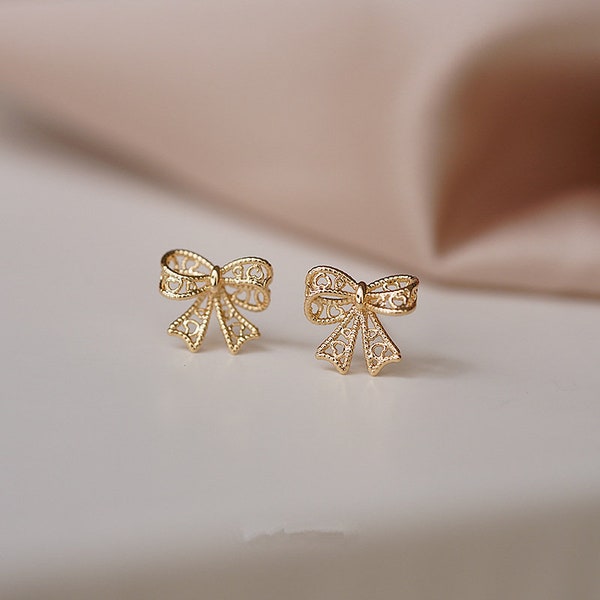 Gold Bow Earrings Etsy