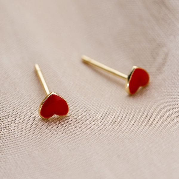 14k Gold Plated 925 Silver Tiny Red Heart Stud Earrings, Minimalist Tiny Heart Studs, Red Studs, Sweet & Pretty Design, 3 Style Option, E152