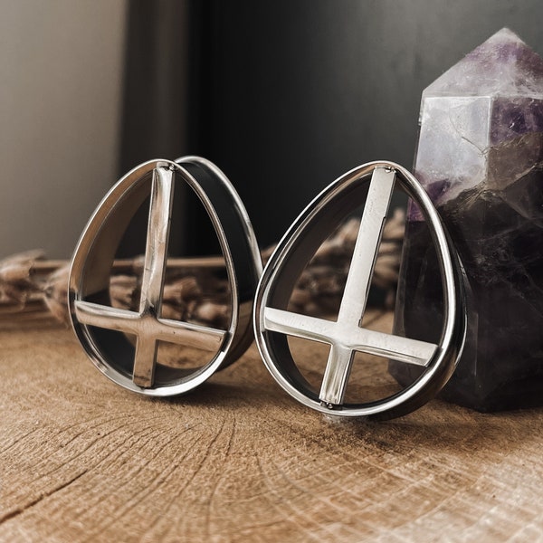 Silver Cross Teardrop Steel Flesh Tunnels ܍ PAIR ܍