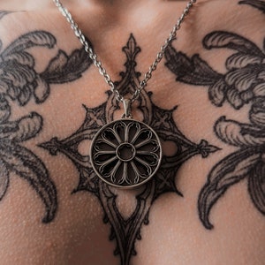 Medieval Gothic Cathedral Rose Window Necklace | Silver & Gold Color