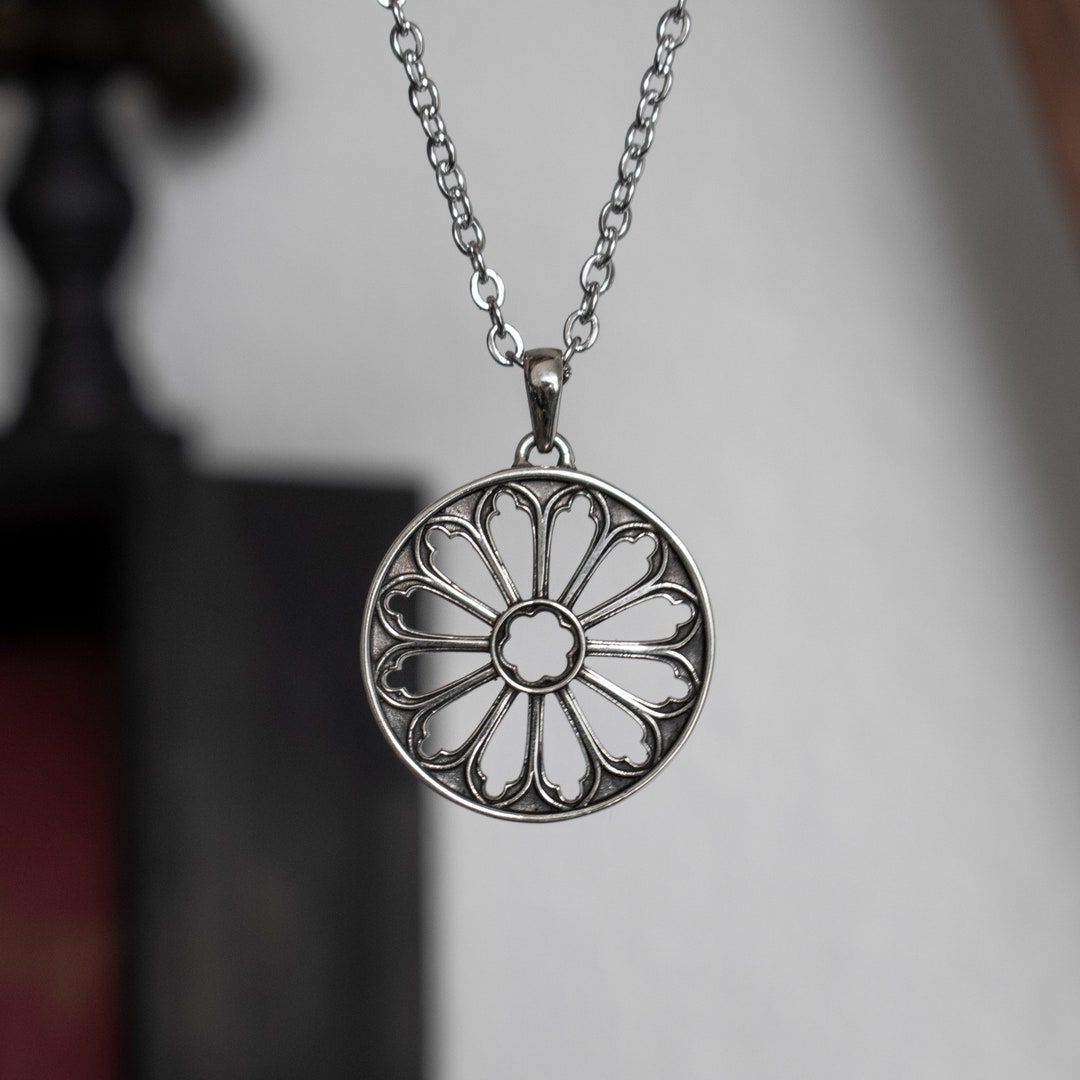 Medieval Gothic Cathedral Rose Window Necklace | Silver & Gold Color