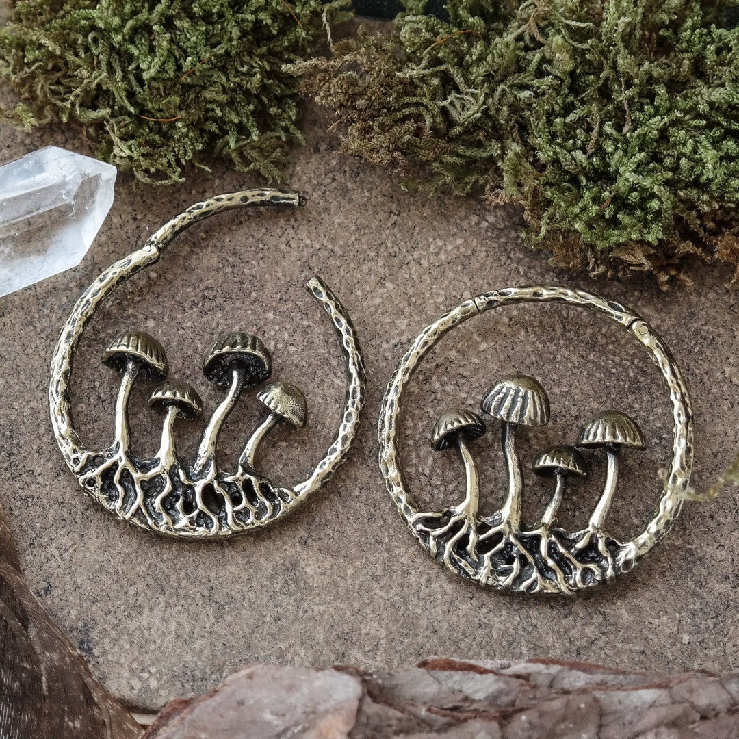 Brass Mushroom Ear Weights Clicker Pair Etsy