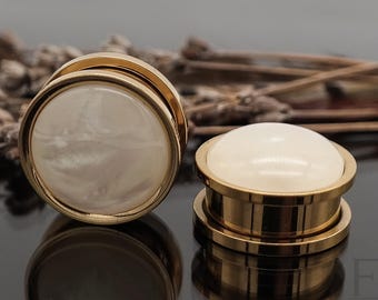 Golden Pearl Plugs • Pair • Stainless Steel • Wedding Bridal Plugs • Size: 6 mm - 25 mm | 2g - 1" • Acrylic • Gift Girlfriend • Boho