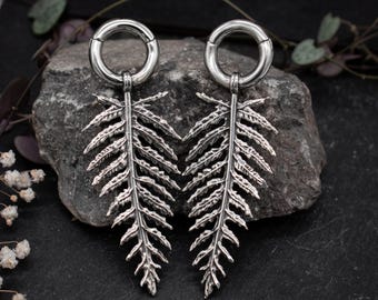 Fern Leaf Ear Weights ܍ Ear Hangers ܍ Clicker ܍ Pair ܍ Silver & Gold ܍ Stretched Ear Lobes ܍ Nature-inspired botanical