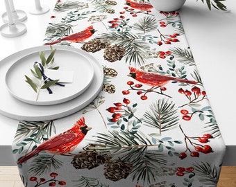 Cardinal Bird Christmas Table Runner, Pine Berry Winter Design, Festive Holiday Dining Table Decor, Xmas Kitchen Linen
