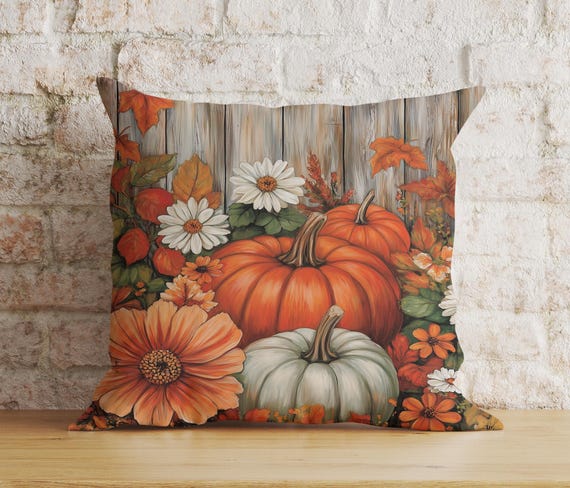 Fall Pillow Cover Autumn Pumpkin and Botanical Harvest, Seasonal