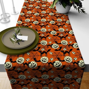Orange & Black Halloween Table Runner,Skeleton Pumpkin and Cat Bat Spider Table Runner,Spooky Halloween Party Decor,Kitchen Fall Tablecloth