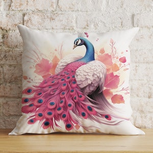 Peacock Pillow Cover, Bird Feather Cushion Cover, Colorful Animal Cushion Cover, Blue & Pink Throw Cushions, Peahens Cushion Case 50 x 50