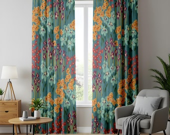 May include: Two floor-length window curtains featuring a teal background with a repeating pattern of small flowers in shades of orange, light blue, red, and purple. The curtains are hung on a black rod with metal grommets at the top.