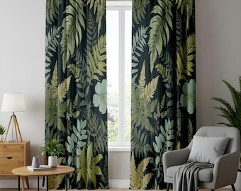 Moosige Wald Fenstervorhänge, Farn Laub Druck, Rustikale Grüne Wohnkultur