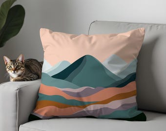 Boho Mountain Pillow Cover, Abstract Landscape, Modern Knitted Cushion