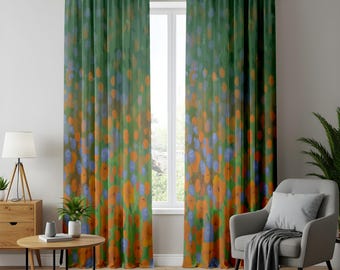 May include: A pair of floor-length curtains featuring a vertical gradient pattern that transitions from a deep green at the top to a vibrant orange at the bottom, accented with scattered blue and orange circular floral motifs throughout the fabric.