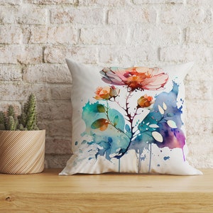 Fundas de cojín con motivos florales, fundas de cojín con flores de acuarela, flores de primavera con fondo salpicado, ilustración digital de flor de hibisco