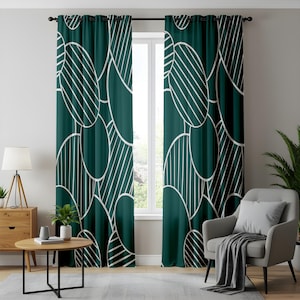 Modern Green Patterned Curtains, Geometric Abstract Design Print Drapes, Stylish Home Decor, Bold Abstract Window Drapes for Modern Living