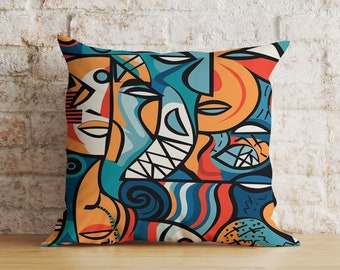 Abstract Face Cushion Cover, Colourful Portrait Euro Pillow Cover, Boho Living Room Decoration, Minimal Drawing Bedroom Throw Cushions