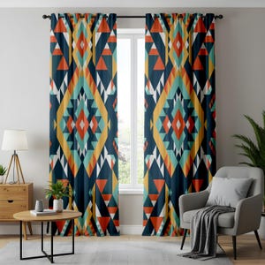 Southwestern Geometric Curtains, Bold Aztec Print Drapes, Tribal Pattern Window Panels, Rustic Boho Home Decor