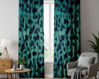 Futuristische cijfersgordijnen, op digitale matrix geïnspireerde gordijnen, hightech abstracte raampanelen, cyberpunk-huisdecor