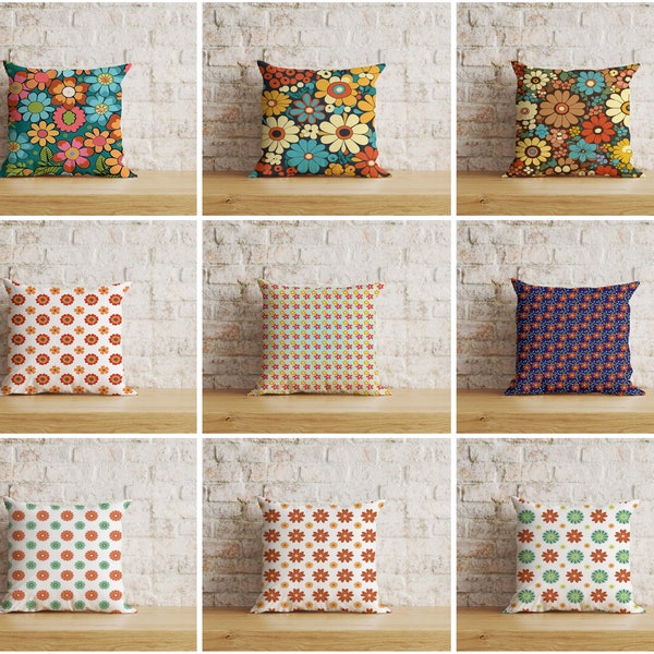Retro Floral Cushion Cover, Flower Pattern Pillow Cover, Colorful Flower Cushion Case, Handmade Pillow, 18x18, 20x20
