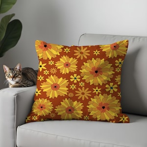 Retro Floral Pillow Covers with Bold Daisy and Sunflower Prints, Colorful Boho Throw Cushions for Living Room, Sofa or Bedroom Decor, 17x17