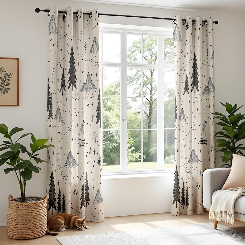 May include: A pair of off-white curtains featuring a repeating black line-art pattern of pine trees, mountain peaks, sailboats, and small stars. The curtains are hung on a black rod with metal grommets and display a continuous outdoor-themed print.