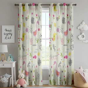Cortinas de safari con animales para habitación infantil, con dibujos animados brillantes, diseño divertido de flamencos e hipopótamos, paneles coloridos para habitación infantil.