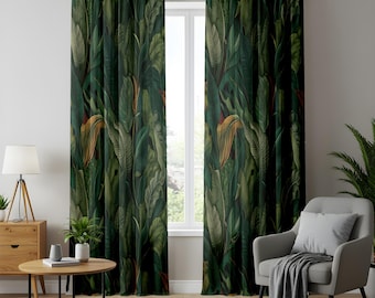 Luxury Tropical Green Leaf Curtains, Elegant Botanical Drapes, Deep Green Jungle-Inspired Panels