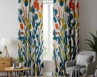 Modern Abstract Green Floral Curtains, Vibrant Home Decor, Artistic Botanical Drapes, Perfect for Living Room and Bedroom