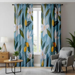 Lemon Blossom Curtains, Summer Vibes Curtains, Citrus Inspired Floral Pattern Drapes in Blue and Yellow