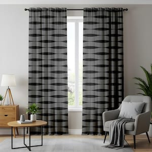 Modern Gray and Black Wavy Pattern Curtains, Minimalist Geometric Window Drapes, Stylish Living Room Decor