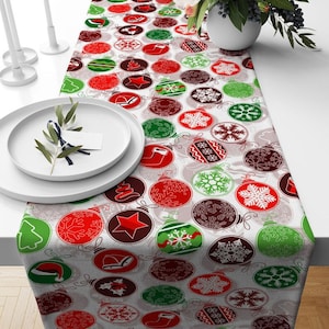 Christmas Ornaments Table Runner, Red & Green Christmas Table Runner, Holiday Tablecloth, Winter Table Linens, Xmas Print For Home Gift
