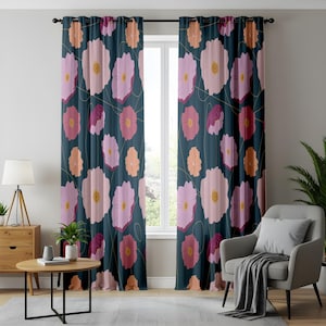 Colorful Floral Living Room Curtains, Teal Background with Pink and Peach Flowers, Bold Retro Style Window Drapes