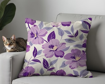 Purple Floral Pillow Cover, Lavender Botanical Cushion, Elegant Home Decor