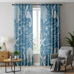 Nautical Sea Life Curtains, Blue Coastal Window Drapes, Starfish and Seahorse Pattern, Beach House Home Decor