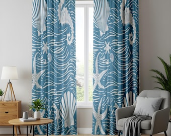 Blue Nautical Sea Life Window Curtains, Coastal Decor