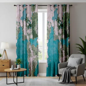 Cortinas con mapas antiguos, cortinas con textura desgastada en azul y verde, paneles de ventana inspirados en mapas del mundo rústicos para decoración del hogar