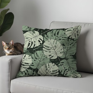 Dark Green Monstera Leaf Cushion Cover, Tropical Jungle Decorative Throw Pillow for Modern Nature Inspired Homes
