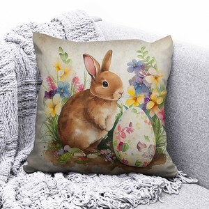 Whimsical Easter Bunny Cushion Cover, Easter Eggs and Flowers, Easter Bunny Cushion Case, Decorative Pillows, Cute Pillow