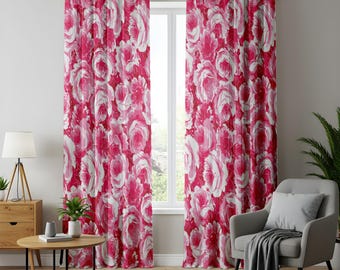 Pink Floral Window Curtains, Bold Romantic Rose Drapes, Living Room Kitchen Decor