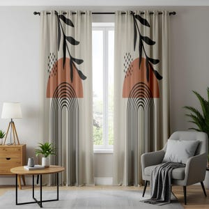 Abstract Boho Leaf Curtains, Geometric Line Art Drapes, Earthy Tone Window Panels, Scandinavian Minimalist Room Decor, New House Present