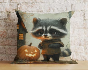 Fall Raccoon Cushion Cover, Woodland Pumpkin Pillow Cover, Cute Cosy Autumn Halloween Decor, 16x16 18x18