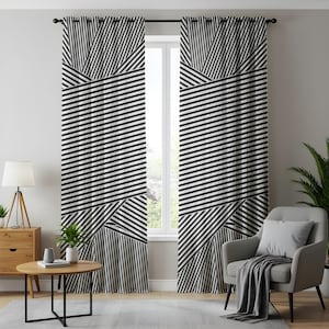 Modern Black & White Striped Curtains, Geometric Drapes, Minimalist Monochrome Window Panels, Contemporary Home Decor, Living Room Curtains