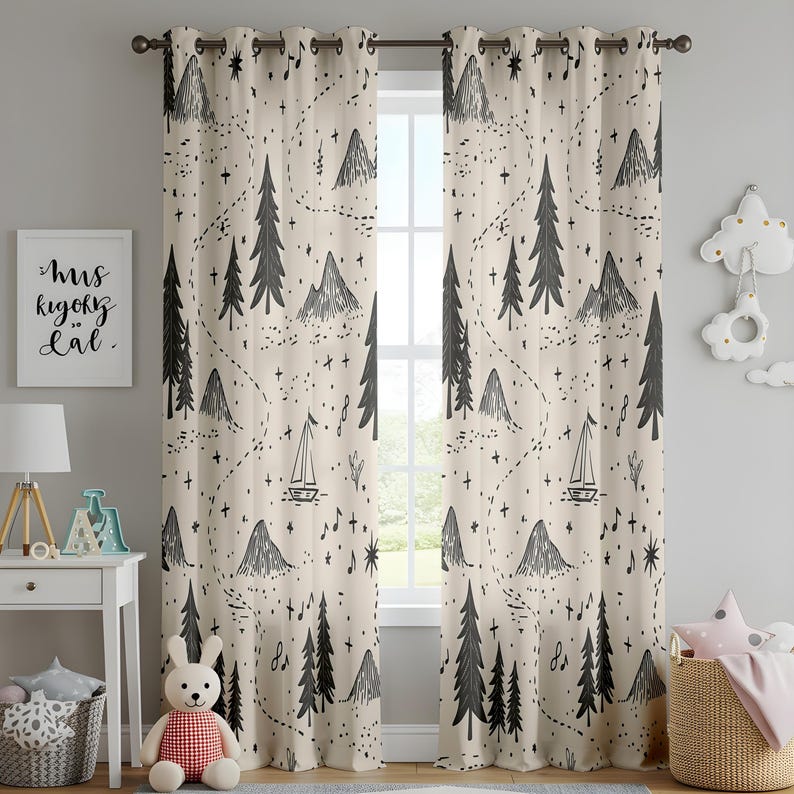 May include: Two beige curtains with grommets featuring a black line-art pattern of mountains, pine trees, sailboats, musical notes, and dotted paths. The fabric hangs from a dark metal rod, displaying a repeating outdoor-themed illustration.