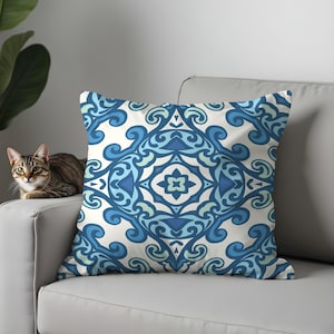 Mediterranean Tile Pillow Covers, Blue Ceramic Pattern Cushion Covers, Elegant Boho Throw Pillows for Coastal & Classic Decor, 17x17, 18x18