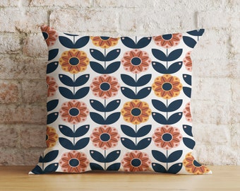 Linear Stem Scandinavian Cushion Cover, Vibrant Retro Floral Pattern Pillowcase, Vintage Scandinavian Throw, Floral Textured Cushion Case